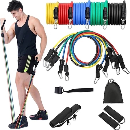 Imagem Kit 11 Peça Elástico de Resistência Musculação Crossfit Academia em Casa Treino Completo Pilates Yoga Com Bolsa