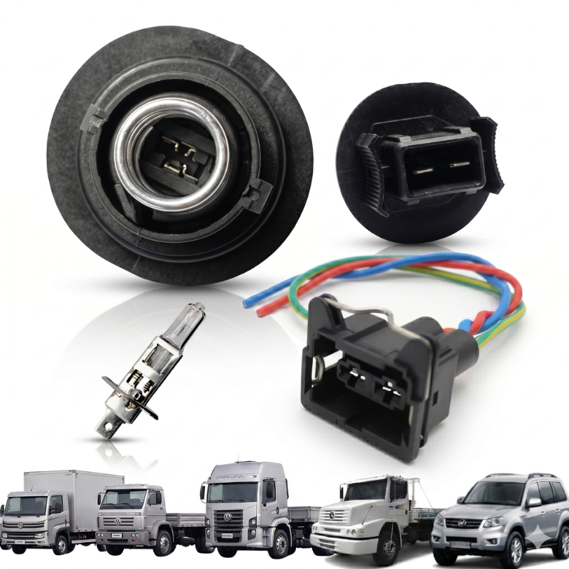 Par Soquete Lampada Conector Adaptador H1 Farol CaminhãoVW-15.170-180.190 MB Bicudo2638 - Pajero TR4