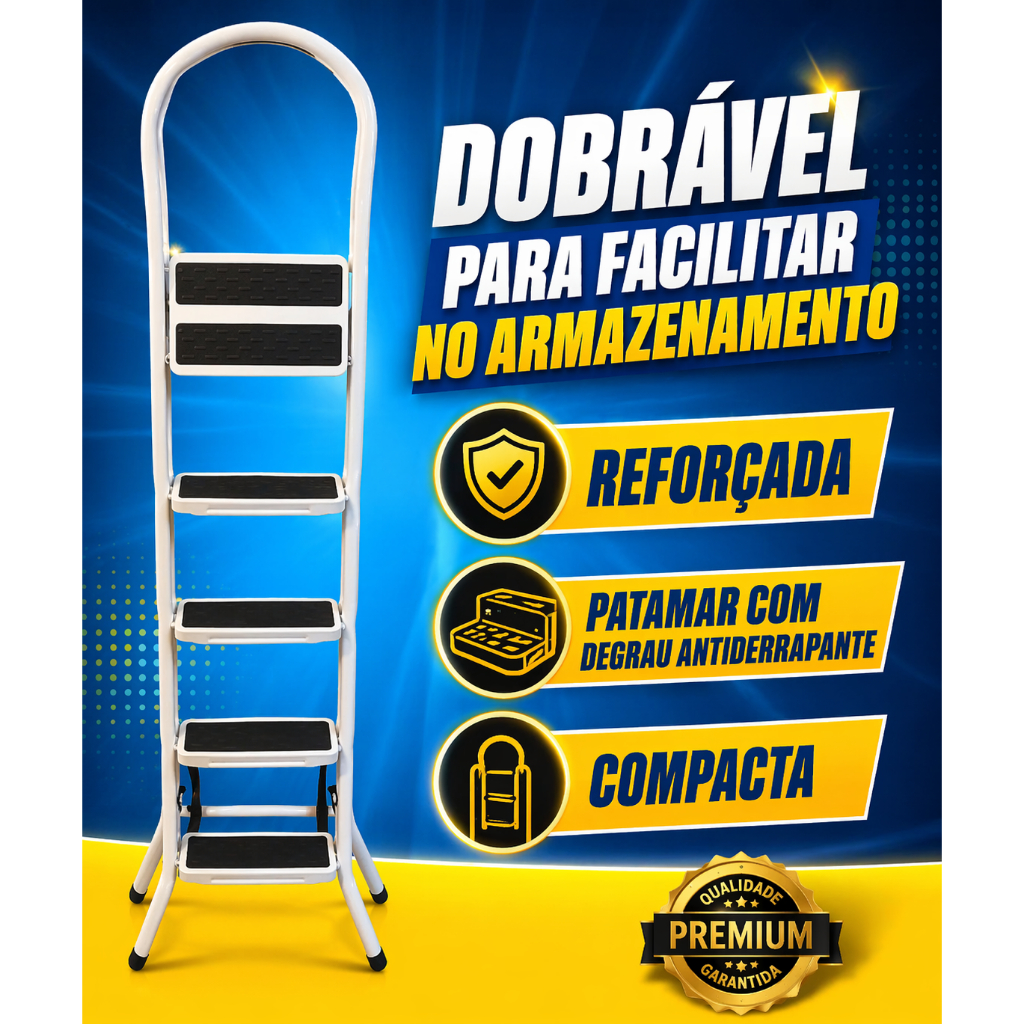 Escada Domestica 5 Degraus Reforçada Degraus Anti Derrapante Aço Dobrável Tipo Tesoura Resistente pé Emborrachado