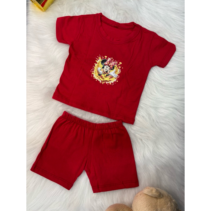 Conjunto Infantil Feminino Vermelho Bebê Personagem Estilo Ratinha Fofa Minnie Camiseta + Short Roupa de Verão Menina