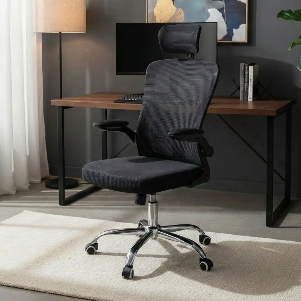 Cadeira de Escritório Diretor Secretária Executiva Office Giratória Base Cromada Tela Mesh Preta Ergonômica