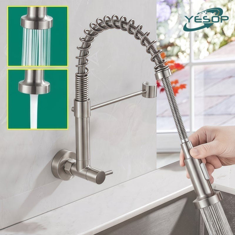 YESOP Torneira Cozinha Gourmet Parede Flexível Inox Escovado Misturador Monocomando Spray Ducha 38cm