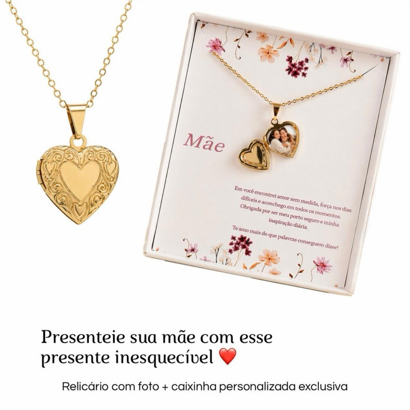 Kit Relicário Dias das Mães + Caixa Personalizada Presente Semijoia Ouro 18k