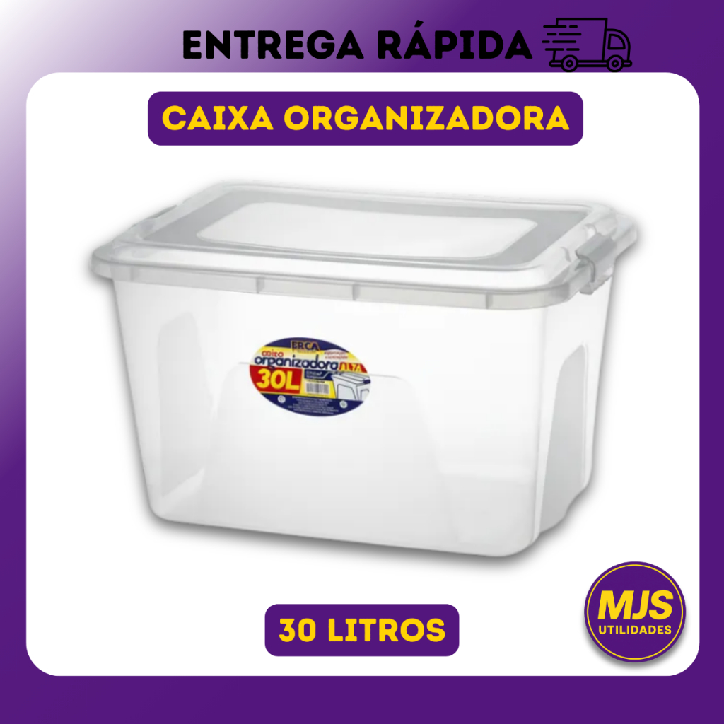 Caixa Organizadora Plástica 30 Litros Transparente Com Tampa Trava Empilhável Multiuso Casa Quarto