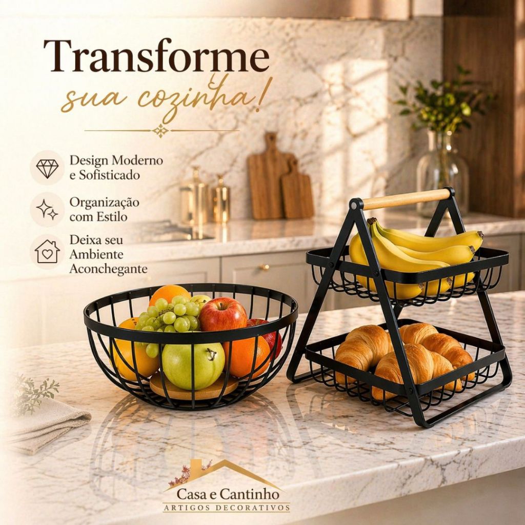 Fruteira de Mesa Rustica de Ferro e Bambu para Café da Manhã Multiuso de Metal Preto em Oferta na Shopee