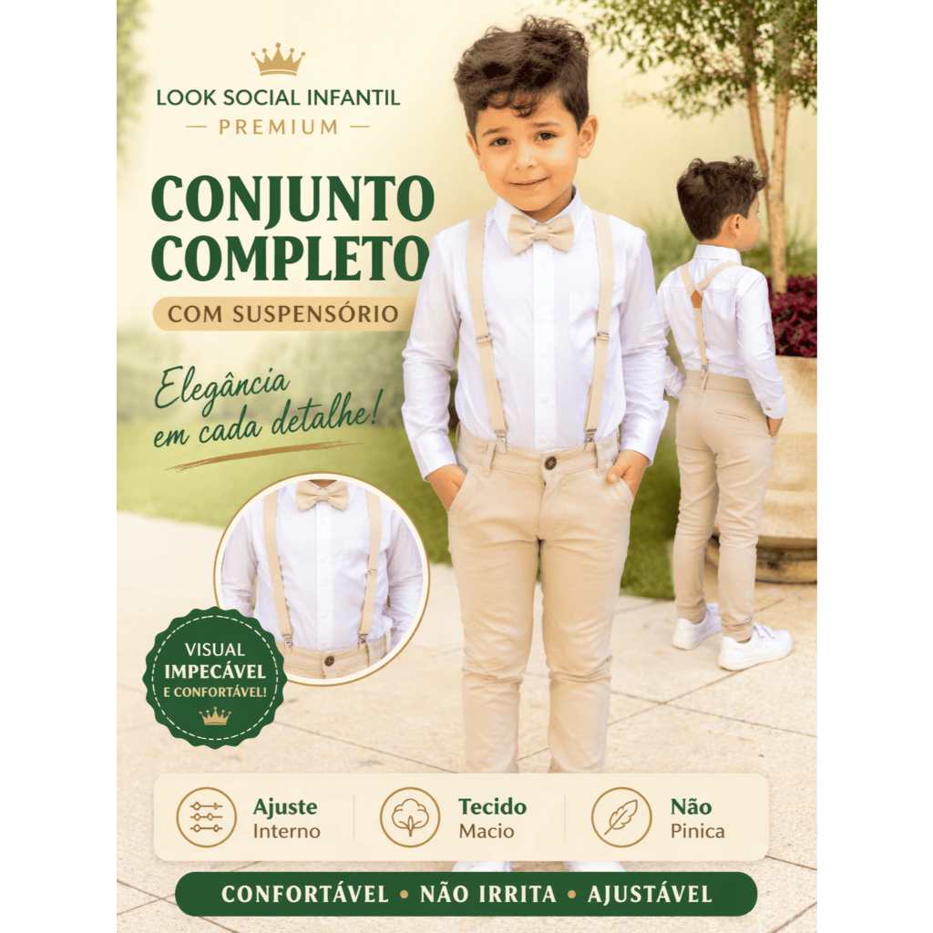 Conjunto Social Menino Batizado Casamento Pajem Bege — Camisa Branca + Calça + Suspensório + Gravata Infantil Festa