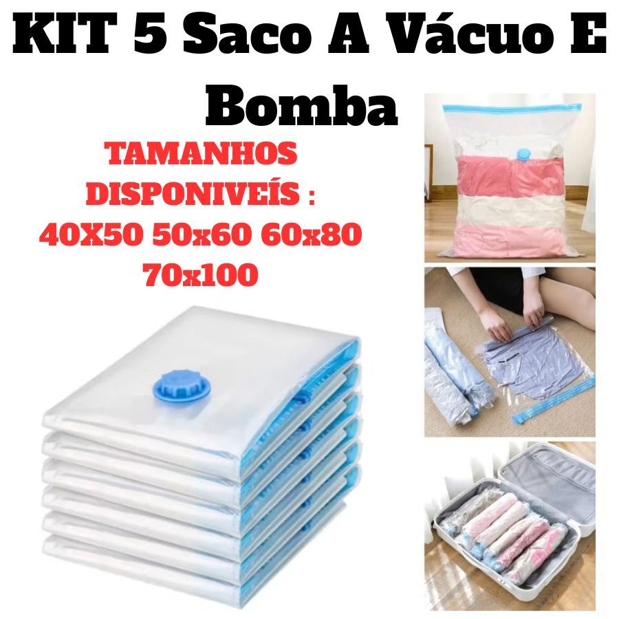Conjunto 5 Sacos Com A Bomba Recarregável Bivolt Ou Elétrica 110v Diversos Tamanhos De Sacos Válvula