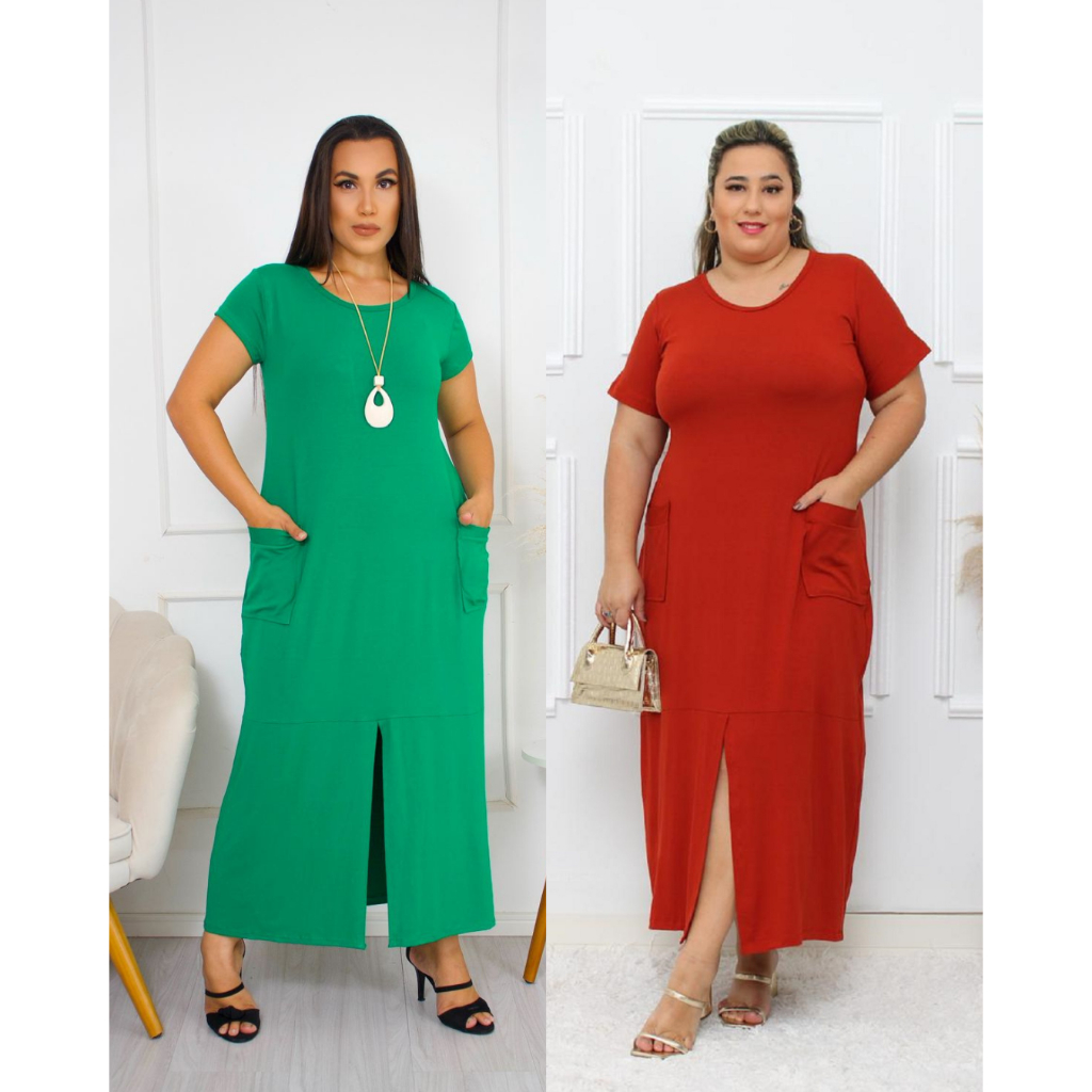 Vestido Adriana com bolso frontal e fenda na frente vestido plus size de viscolycra