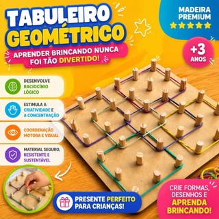 Geoplano de Madeira com 36 Pinos 16 Elásticos Coloridos brinquedo educativo e divertido