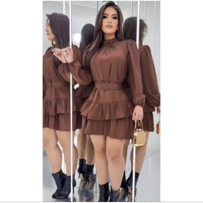 Vestido Feminino Manga Longa com Cinto e Babados Elegante Casual Romântico Country Outono Inverno