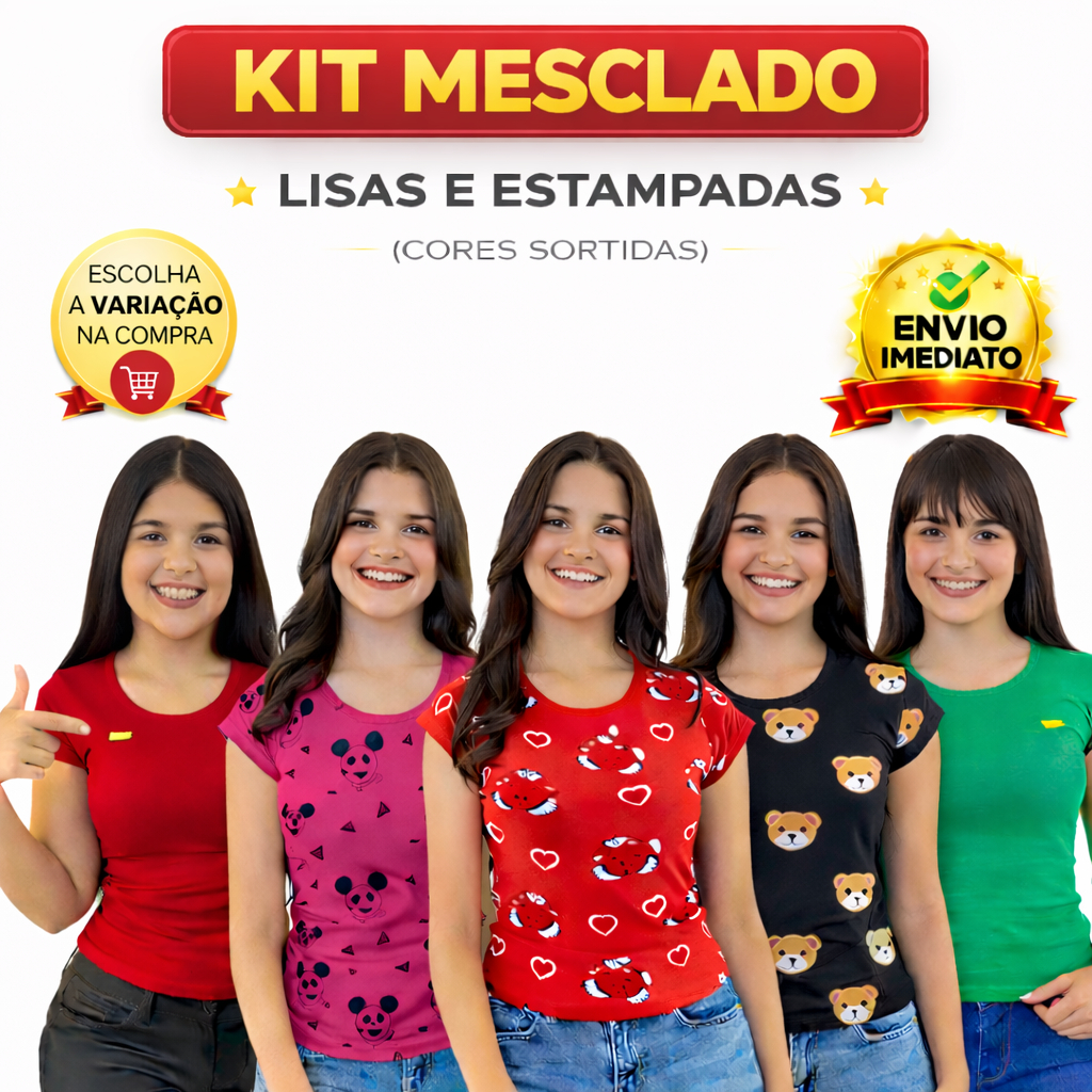 Kit  Camisetas ,Blusas Baby Look infantil ,Mesclado  Lisa e Estampada para meninas ,Sortida 2 a 5 Peças Envio Imediato