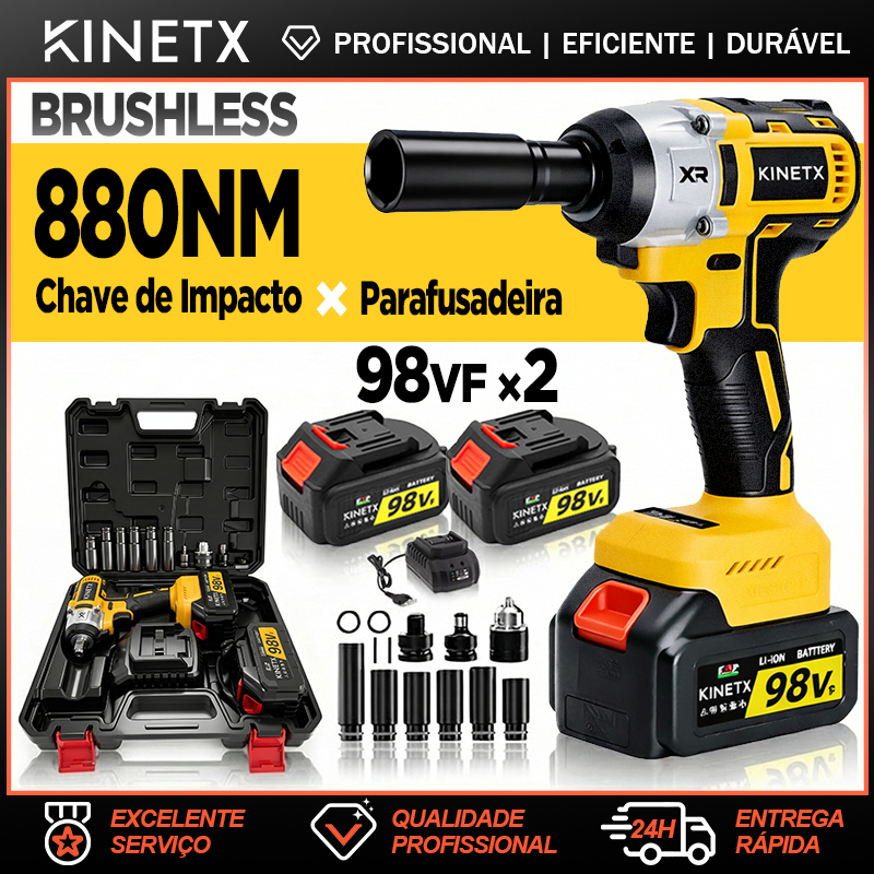 KINETX kit Chave de Impacto Parafusadeira Furadeira 98VF 2 Baterias 880NM Eletrica Sem Fio ferramentas + Maleta