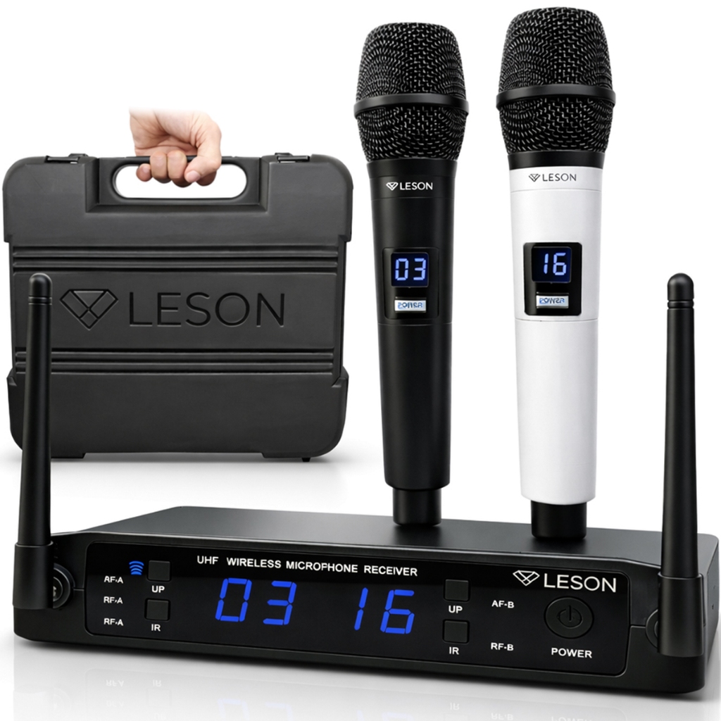 Microfone Duplo Sem Fio UHF Profissional Som Limpo Sem Ruído Sem Chiado 96 Frequências Leson