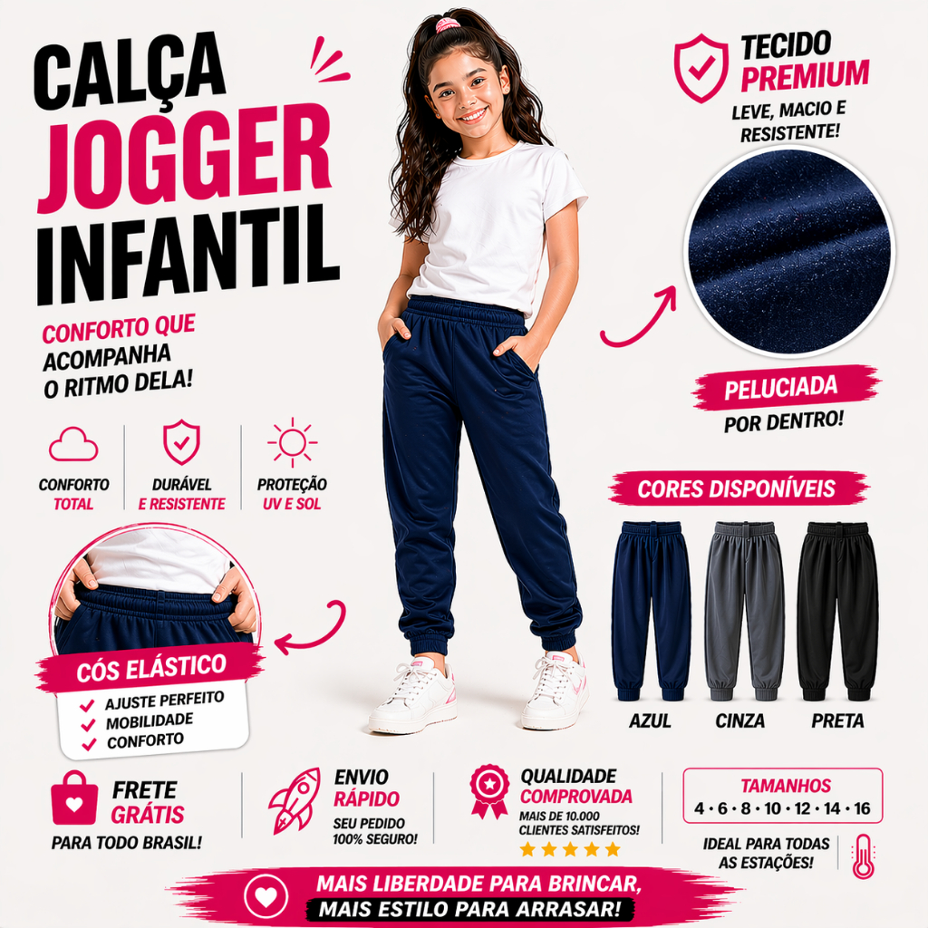 Calça Jogger Infantil Juvenil Feminina Peluciada 4 ao 16