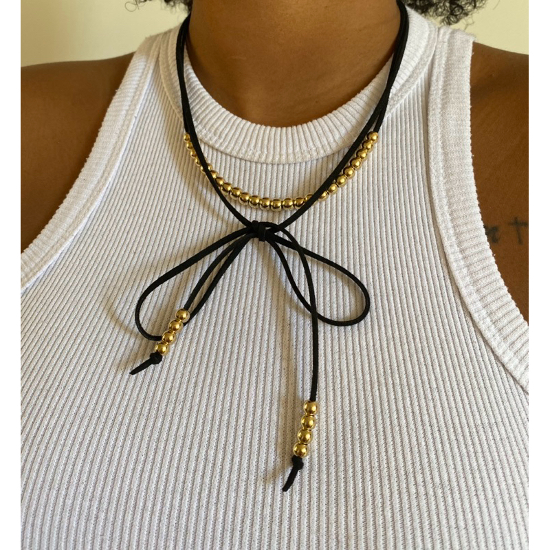 Colar Feminino Ajustável Cordão com Esferas Douradas | Choker Regulável Minimalista Elegante Country