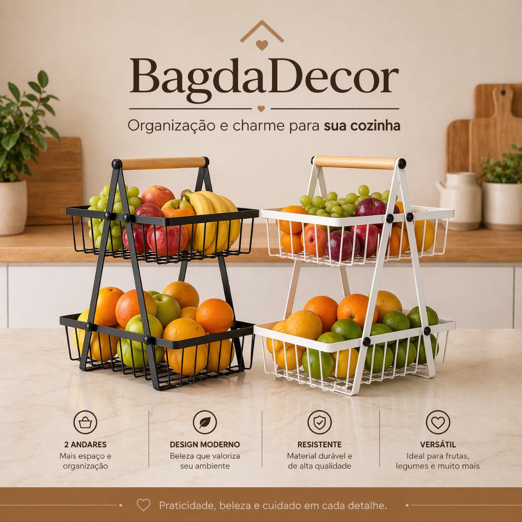Fruteira Aramada de Ferro com Bambu 2 Andares | Multiuso Elegante para Cozinha e Bancada Premium!