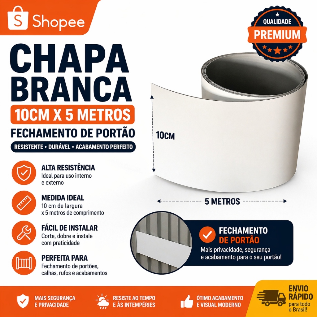 Chapa Branca 10cm x 5m para Fechamento de Portão | Alta Resistência | Ideal para Calhas, Rufos e Acabamentos