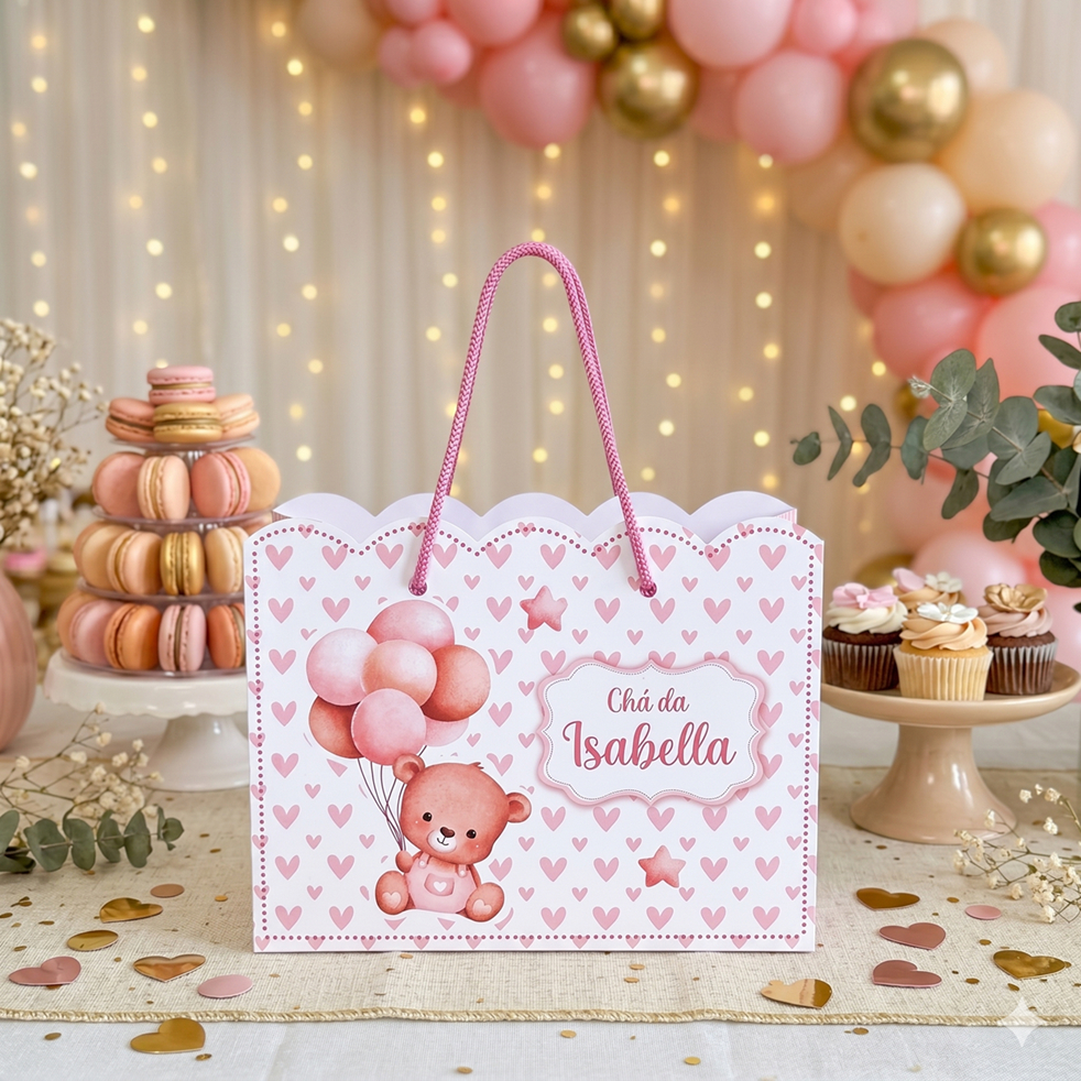 Sacolinhas Personalizadas Lembrancinhas Ursinha Baloeira Rosa Festa Chá Fralda Nuvem Tamanho Grande (20x16x06)