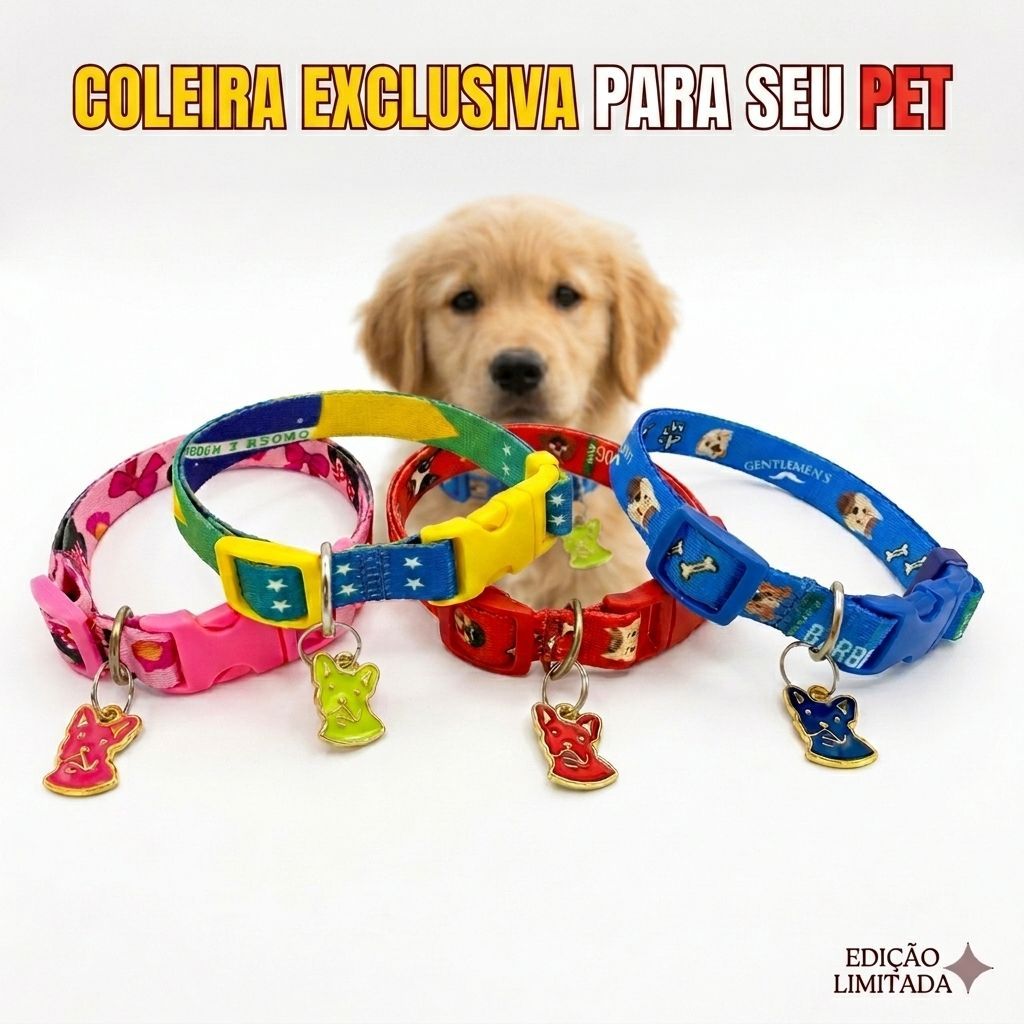 Coleira Pet Cachorro Nylon Ajustável Colorida com Pingente Pequeno Médio Durável