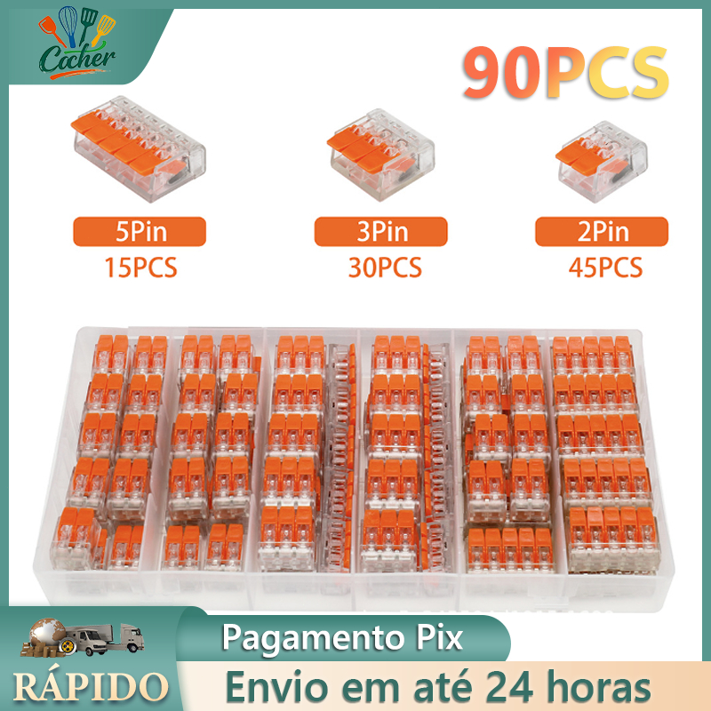 kit 90 Peças Conector Compacto Elétrico Emenda E Derivação 2, 3 e 5 vias 4mm e 6mm