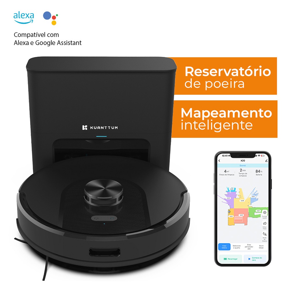 Robô Aspirador Pó Inteligente App Tuya Smart Life Wi-Fi Passa Pano Laser LDS Kuanttum X10 Preto 110V