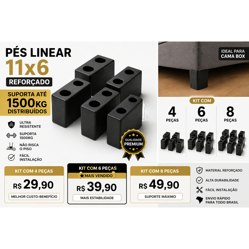 Pé para Cama Box Reforçado 1500kg LINEAR 11x6 Kit 4 6 8 Un Não Risca Piso Alta Resistência Universal