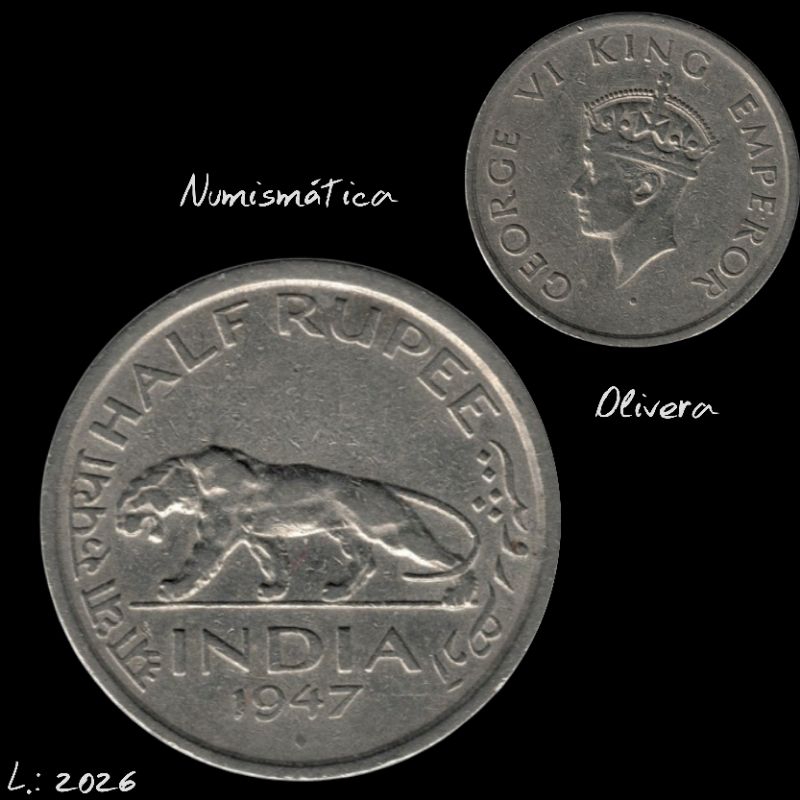 L.: 2026 - Moeda estrangeira Índia 1/2 Rúpia 1947.