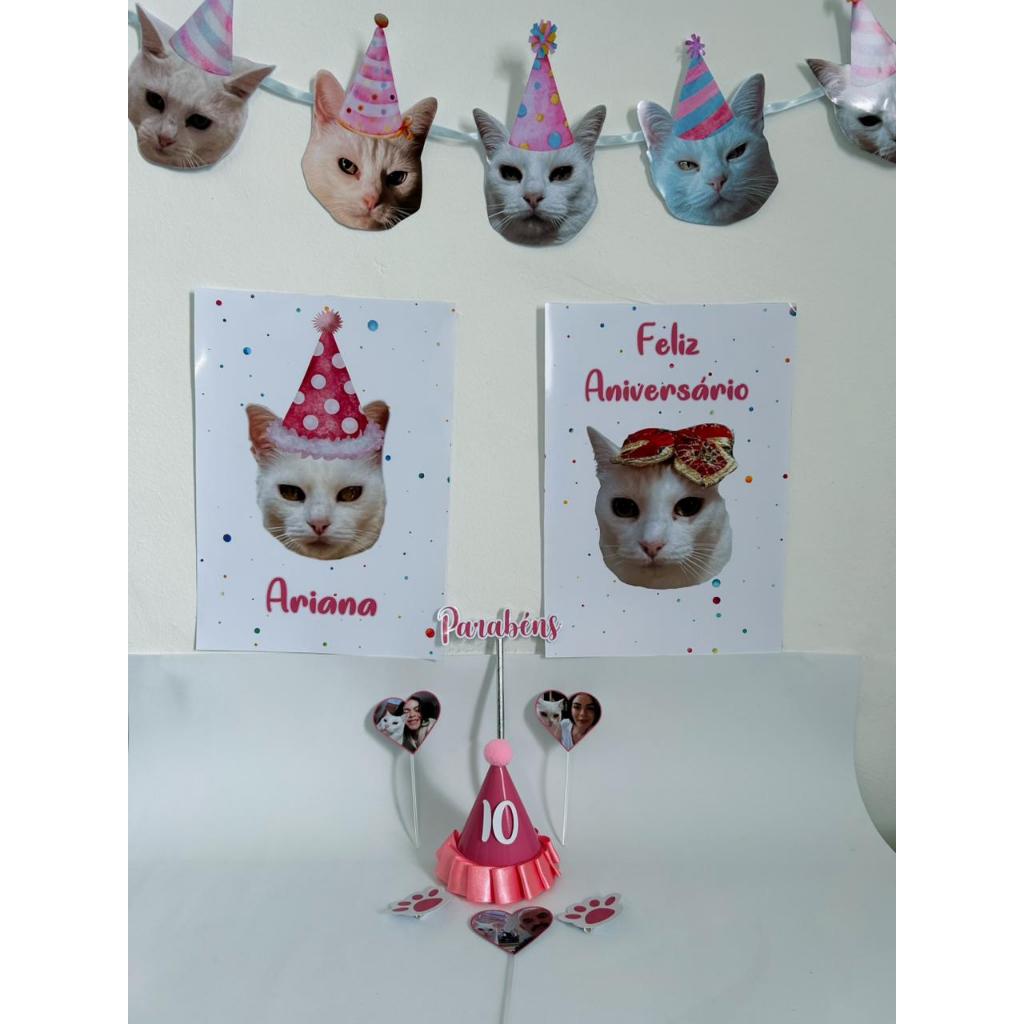 Kit Aniversário Pet Personalizado com Foto | Poster + Bandeirola + Topo de Bolo + Chapéu Pet | Papel Fotográfico