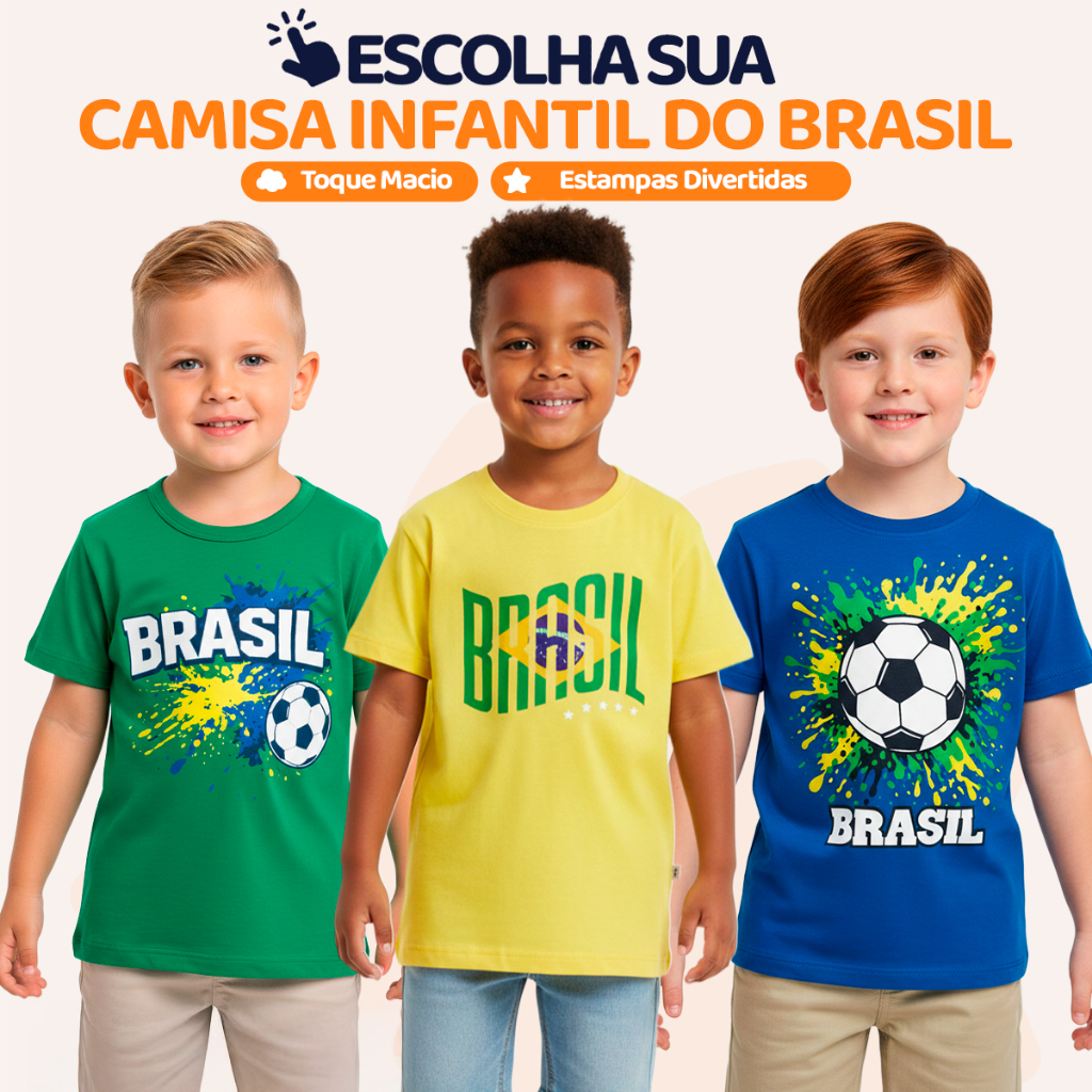Camiseta bebê menino Brasil Copa 2026 algodão seleção brasileira roupa bebê amarelo azul verde confortável