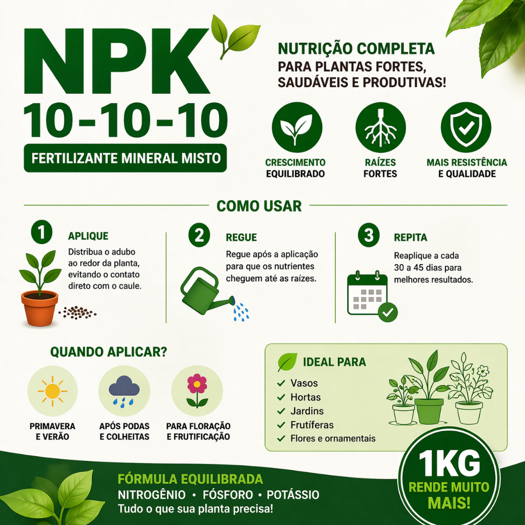 Adubo NPK 10-10-10 Fertilizante Completo para Flores, Plantas, Horta, Frutíferas e Plantação