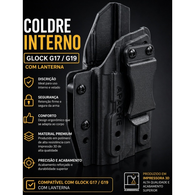 Coldre Interno IWB Glock G17 G19 com Lanterna Alta Resistência Clip Reforçado