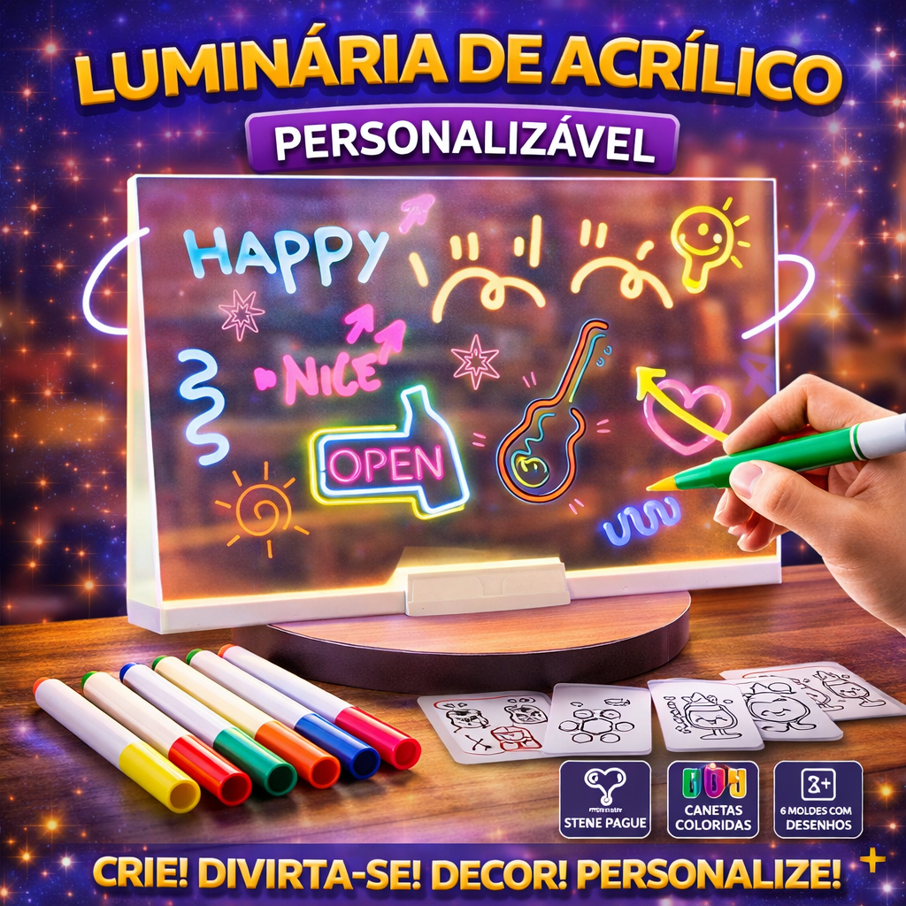 Luminária LED Acrílico Lousa Neon Desenho Canetas Coloridas USB Criativa Infantil