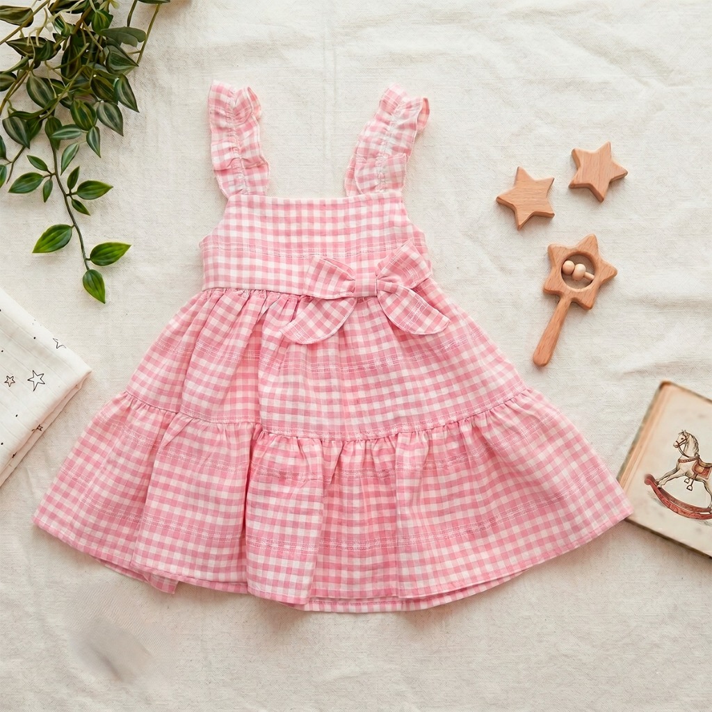 Cute Baby Vestido Xadrez Bebê Menina Festa Junina Hipoalergênico Confortável Fresquinho Leve