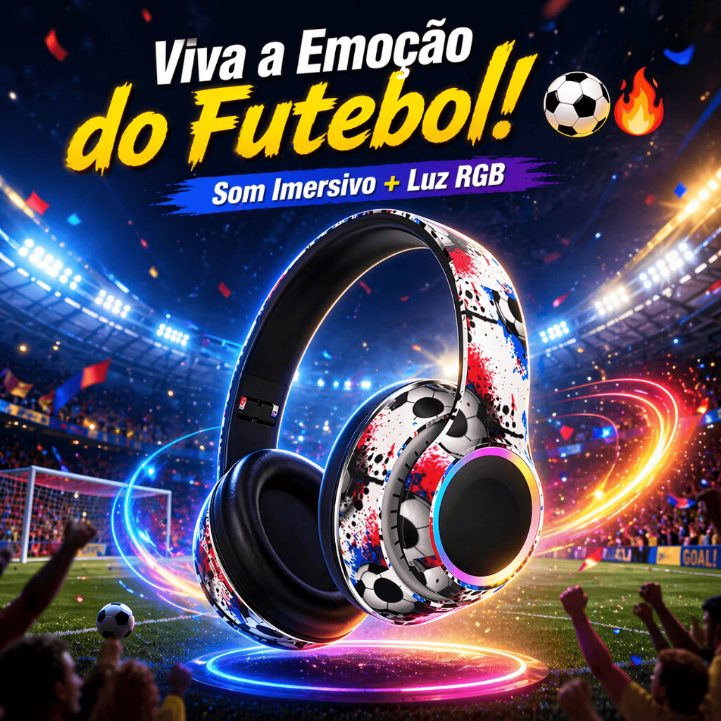 Fone de Ouvido Bluetooth RGB Sem Fio Estilo Futebol Over-Ear Som Potente Bivolt Compatível Celular Gamer