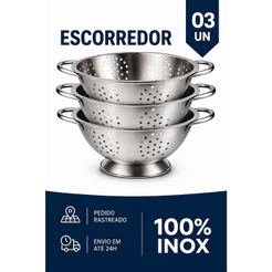 Kit 3 Escorredor Macarrão Inox Cozinha Profissional Durável