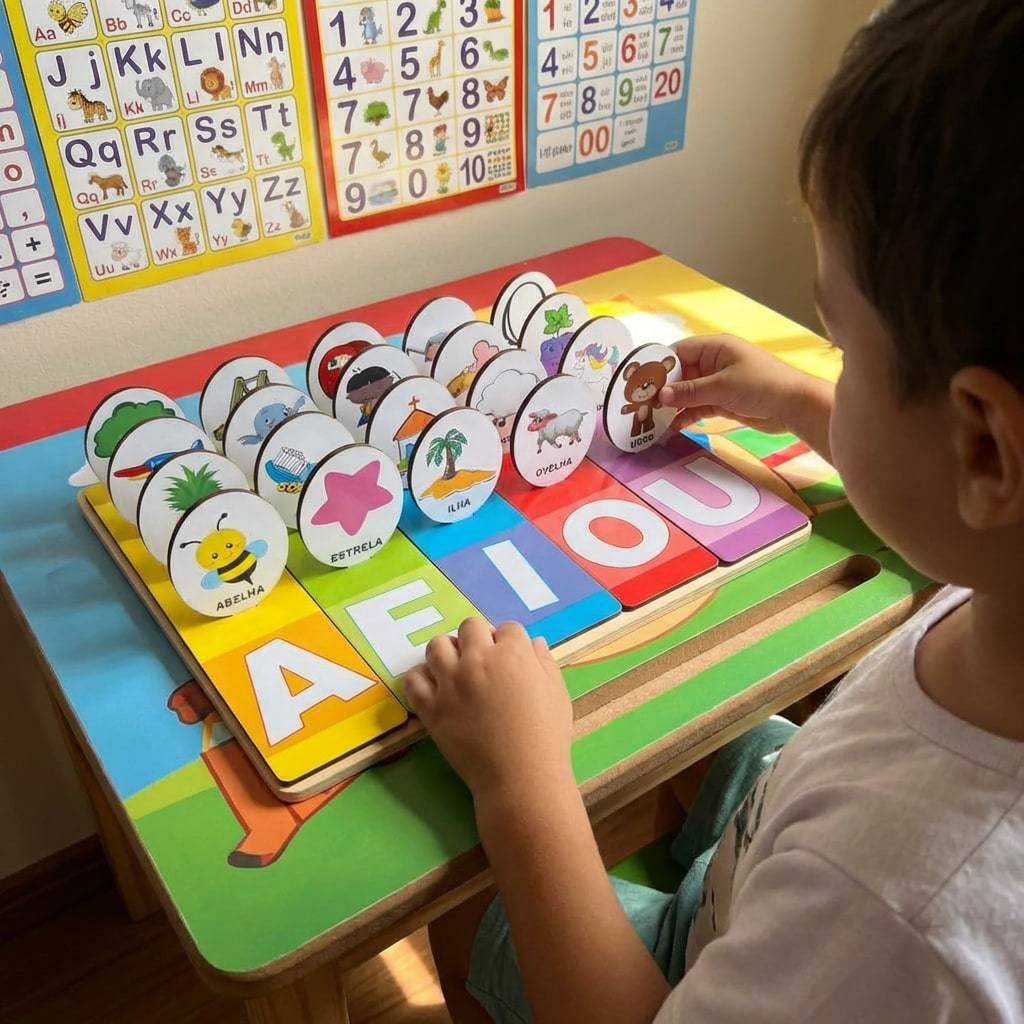 Tabuleiro de Encaixe Para Aprender Vogais Anos Brinquedo Educativo Jogo Pedagógico