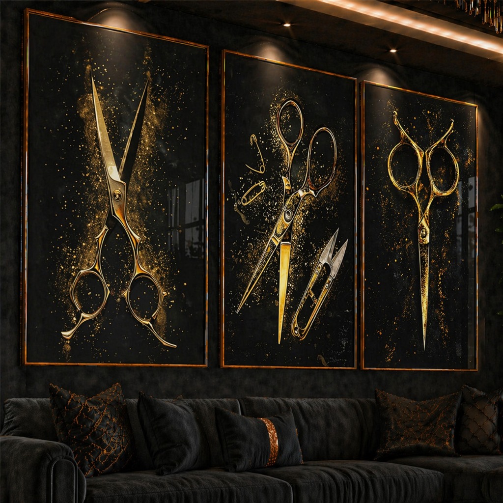 Kit 3 Quadros Decorativos Barbearia Luxo • Tesouras Douradas • Arte Moderna Premium para Salão e Barbeiro