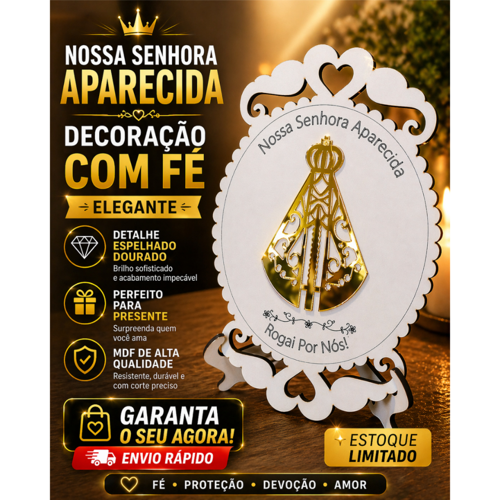 Placa Nossa Senhora Aparecida MDF Acrílico Espelhado Dourado Mesa Decoração Presente