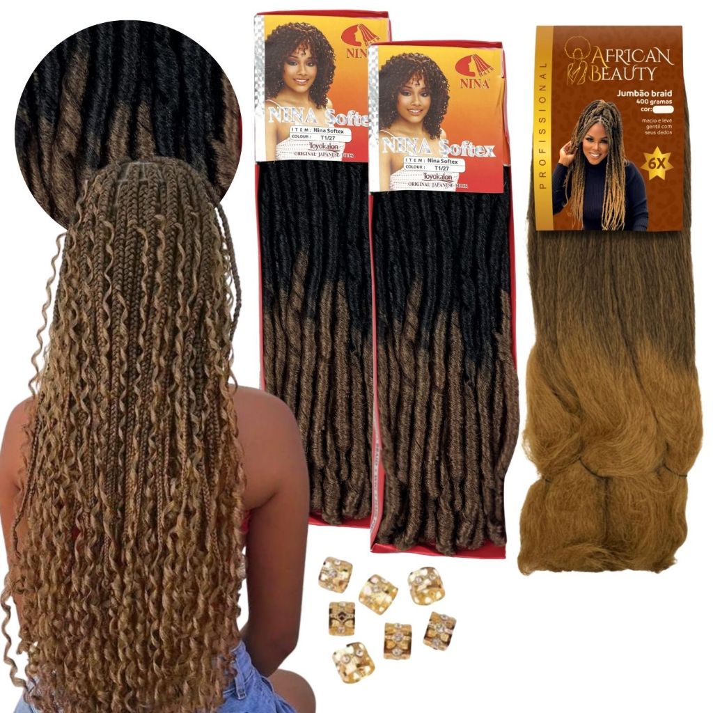 Kit Crochet 2 Nina Softex 100g de Fibra Japonesa + Jumbo African 400g Goddess braids Afro