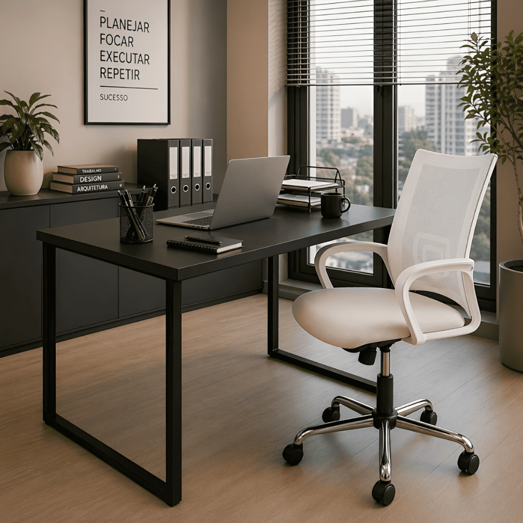 Kit Mesa Industrial Compacta 90x60 + Cadeira de Escritório Confortável Mesh Para Escritório ADM SAC