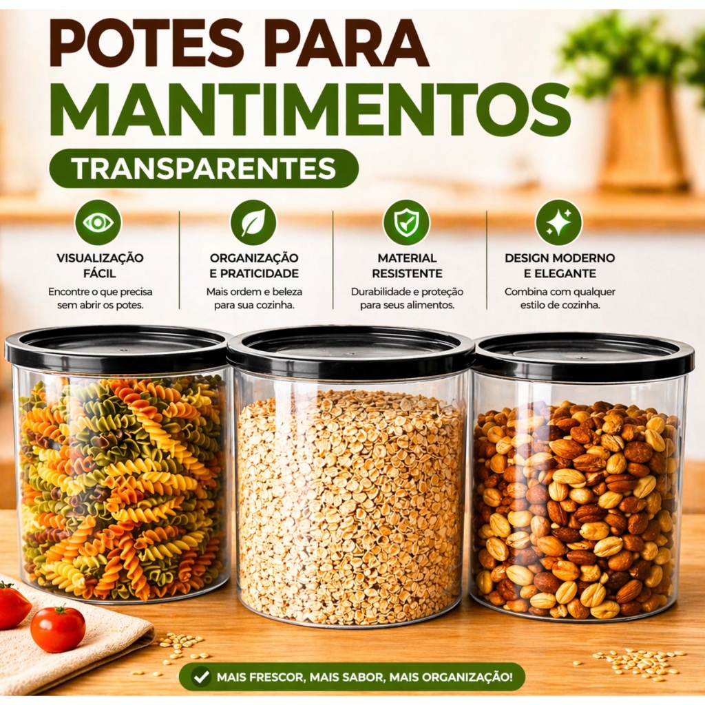 Porta mantimentos kit 3 pote 1L plástico transparente organizador cozinha com tampa BPA Free