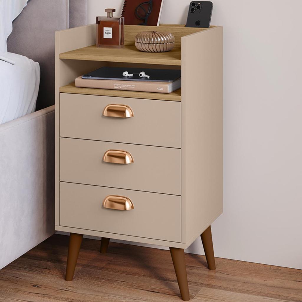 Gaveteiro Escritorio HELOISA / Mesa Cabeceira / Criado Mini Comoda Quarto com 3 Gaveta com Puxador Concha  PORTA CELULAR