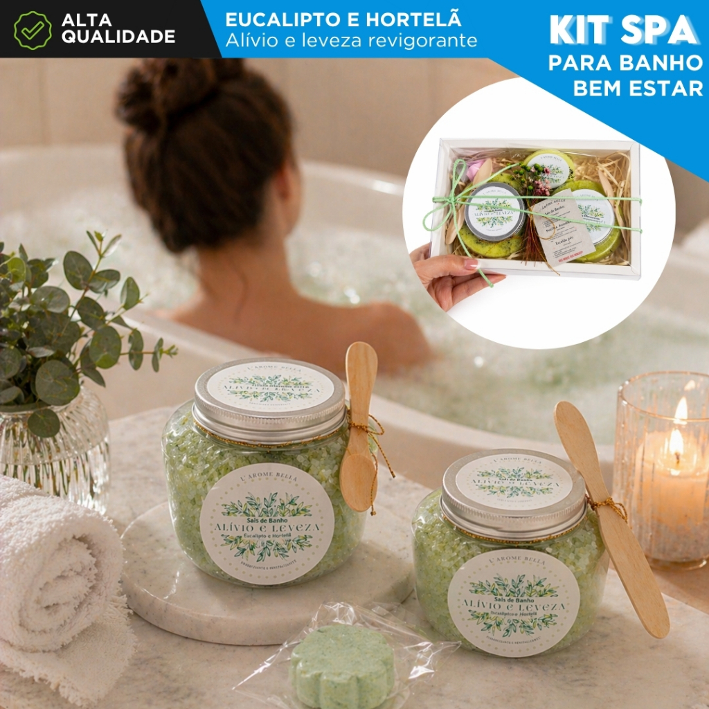 Kit Spa de Banho Aromáticos Eucalipto & Hortelã Sais De Banho Escalda Pés Relaxante Aromaterapia