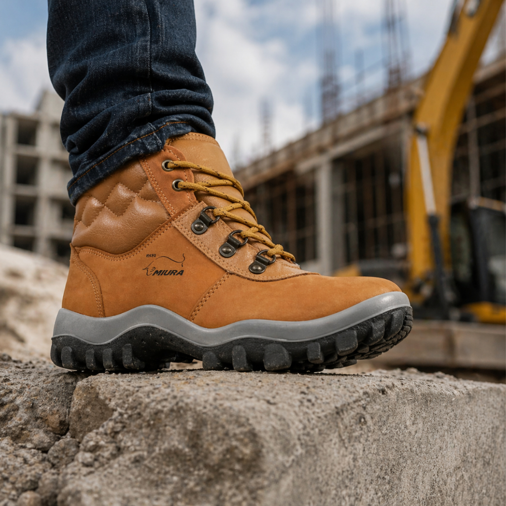 Bota Botina Segurança Miura Caramelo Bico PVC CA Palmilha Conforto Trabalho EPI Couro