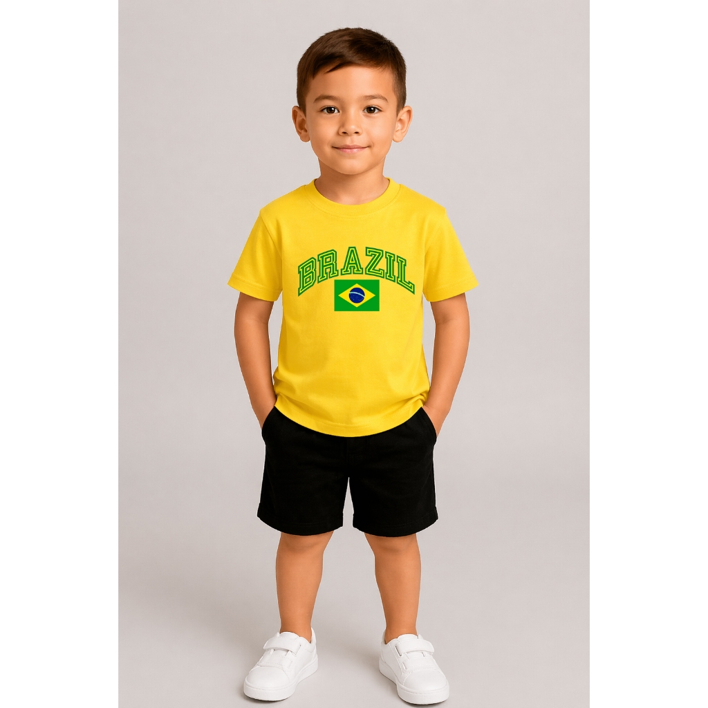 Camiseta Infantil Brasil Masculina | Look Copa do Mundo Seleção Brasileira Algodão Confortável para Meninos