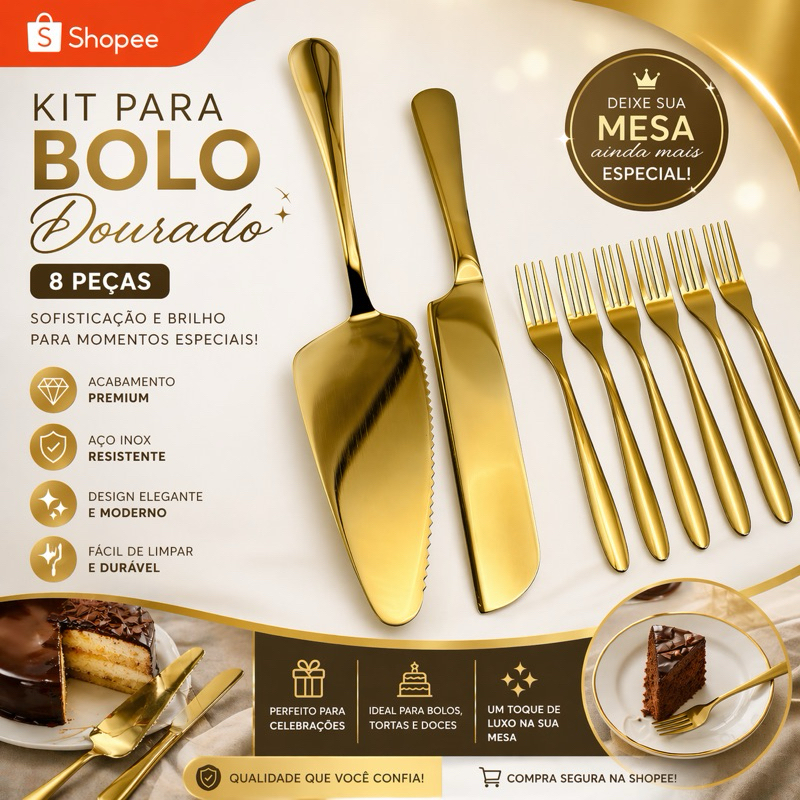 Jogo Talheres Inox Dourados Para Bolo Tortas e Sobremesa – 8 Peças