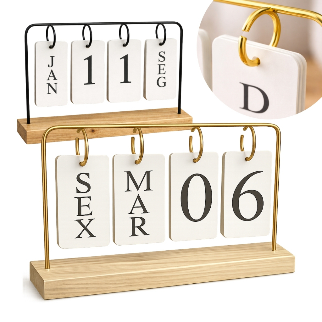 Calendário De Mesa Decorativo Com Plaquinhas Dourado Permanente Escritório Decoração Luxo