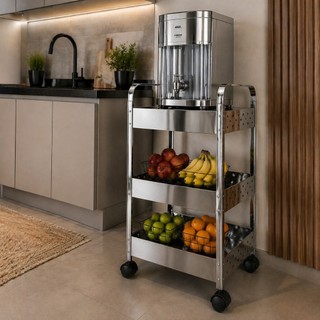 Fruteira Inox 3 Níveis Organização Com Elegância Multiuso Com Suporte Para Filtro Bebedouro Mak Inox Original