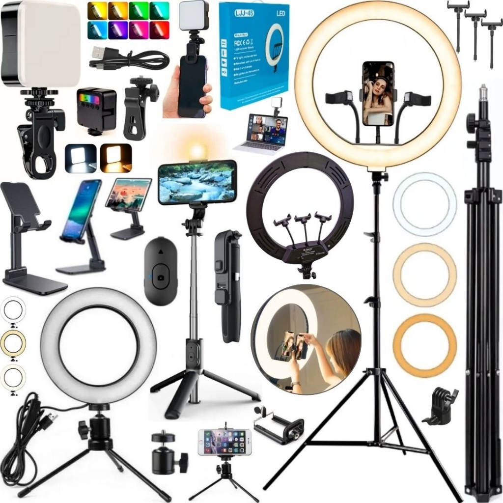 Kit Ring Light Grande 36cm 30w Tripé Mais Bastão Com Led e Luz Preenchimento Portátil RGB
