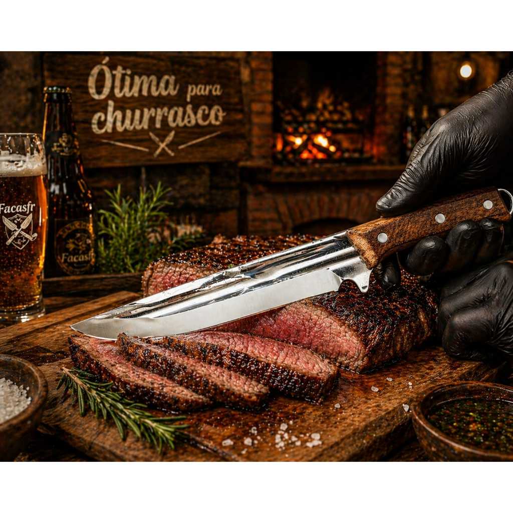 FACA RÚSTICA PARA  Churrasco e Cozinha Picanheira Full Tang Aço Inox Cabo em Madeira Bainha Especial